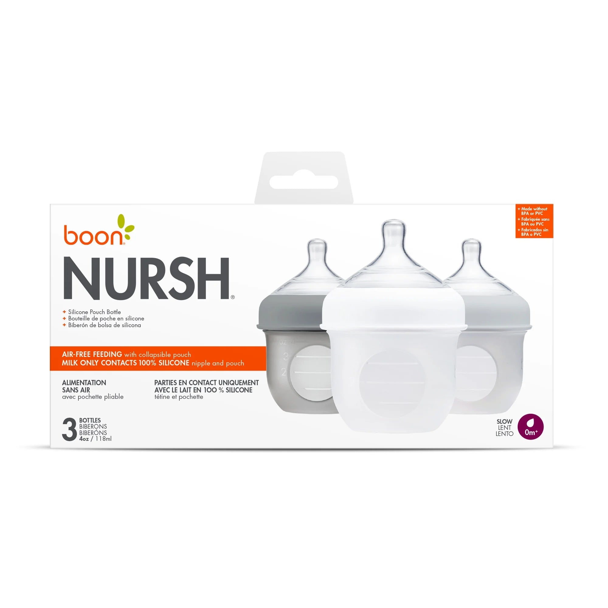Nursh Reusable Silicone Pouch Baby Bottle, Air-Free Feeding, Gray Multi Pack, 4 Oz, 3 Pk
