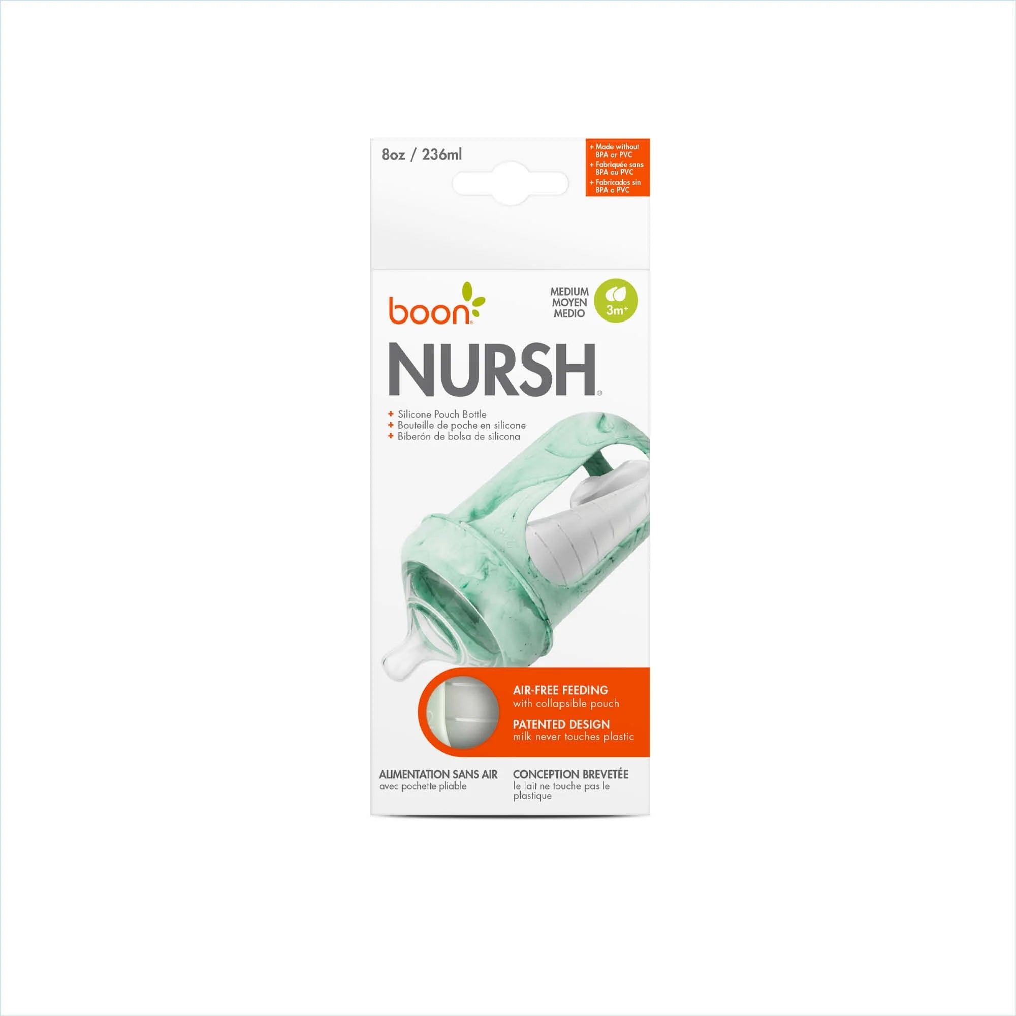 NURSH Reusable Silicone Pouch Baby Bottle – Stage 2 Medium Flow – 8Oz – Mint Tie Dye