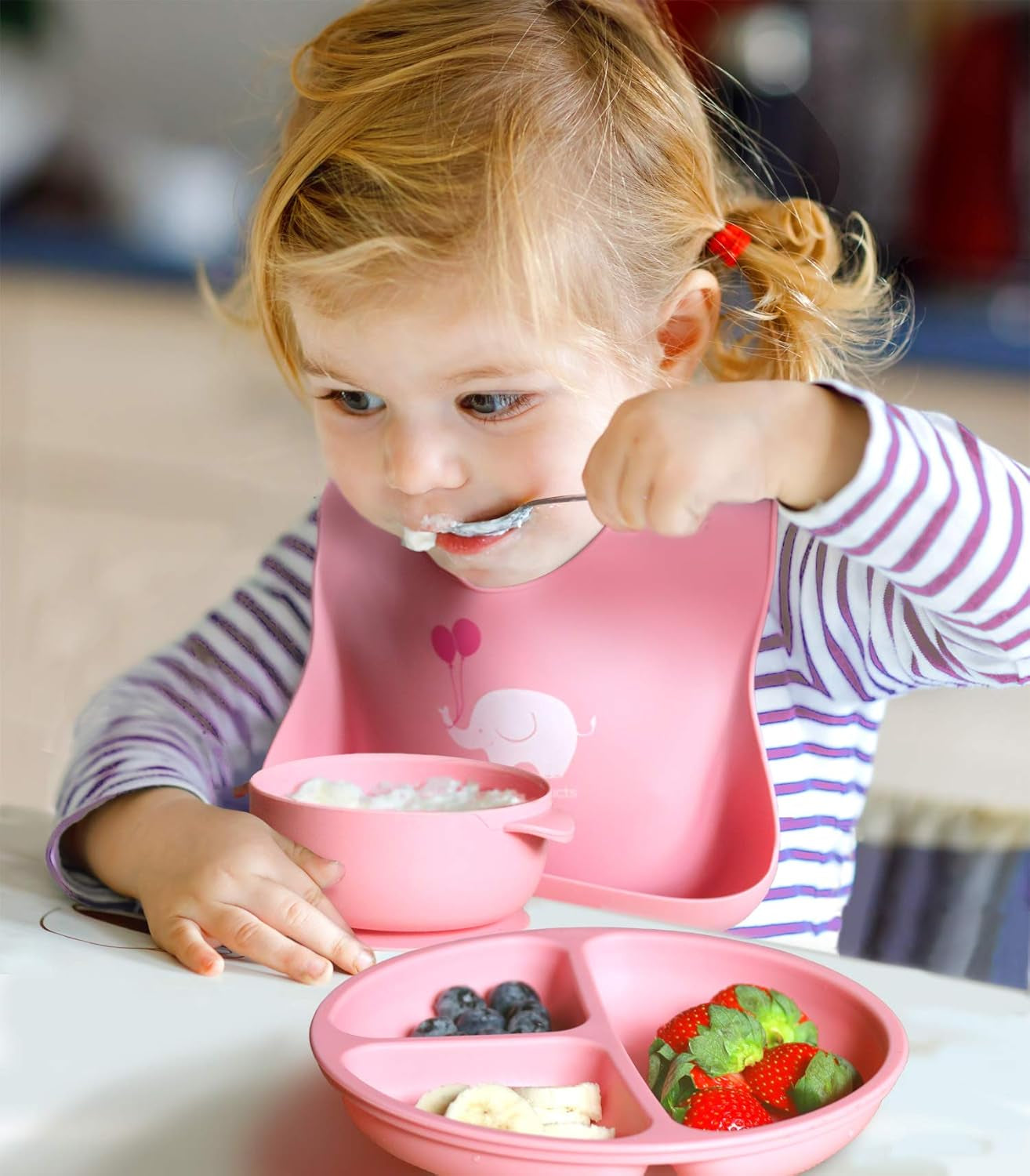 2-Pack Waterproof Silicone Baby Bib Lightweight Comfortable Easy-Wipe Clean (Light Pink/Purple, Small)