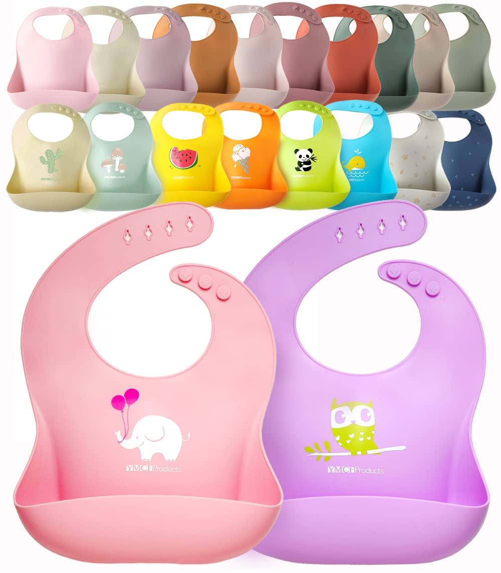2-Pack Waterproof Silicone Baby Bib Lightweight Comfortable Easy-Wipe Clean (Light Pink/Purple, Small)