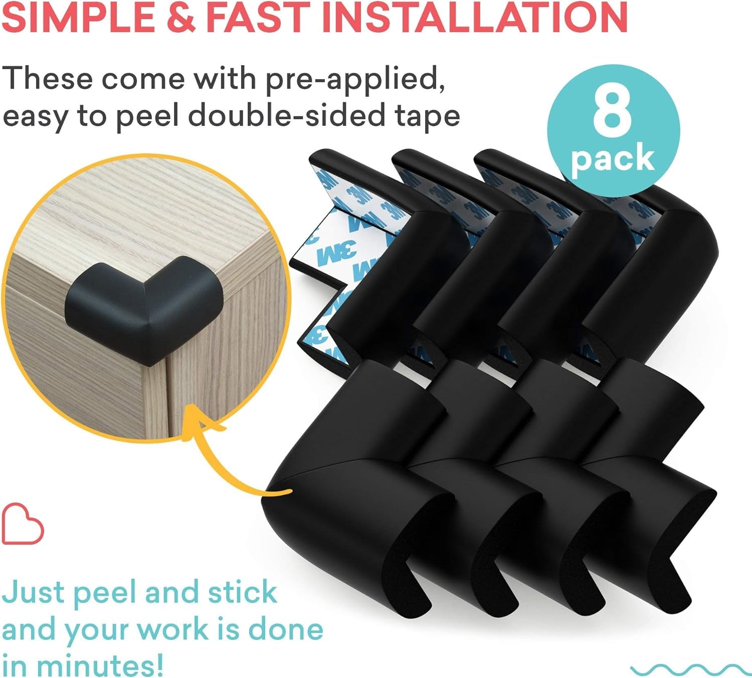 Soft Table Corner Protectors for Baby Safety - Pre-Taped Furniture Edge Guards to Child Proof and Prevent Head & Knee Injuries, 8 Pack, (Black)