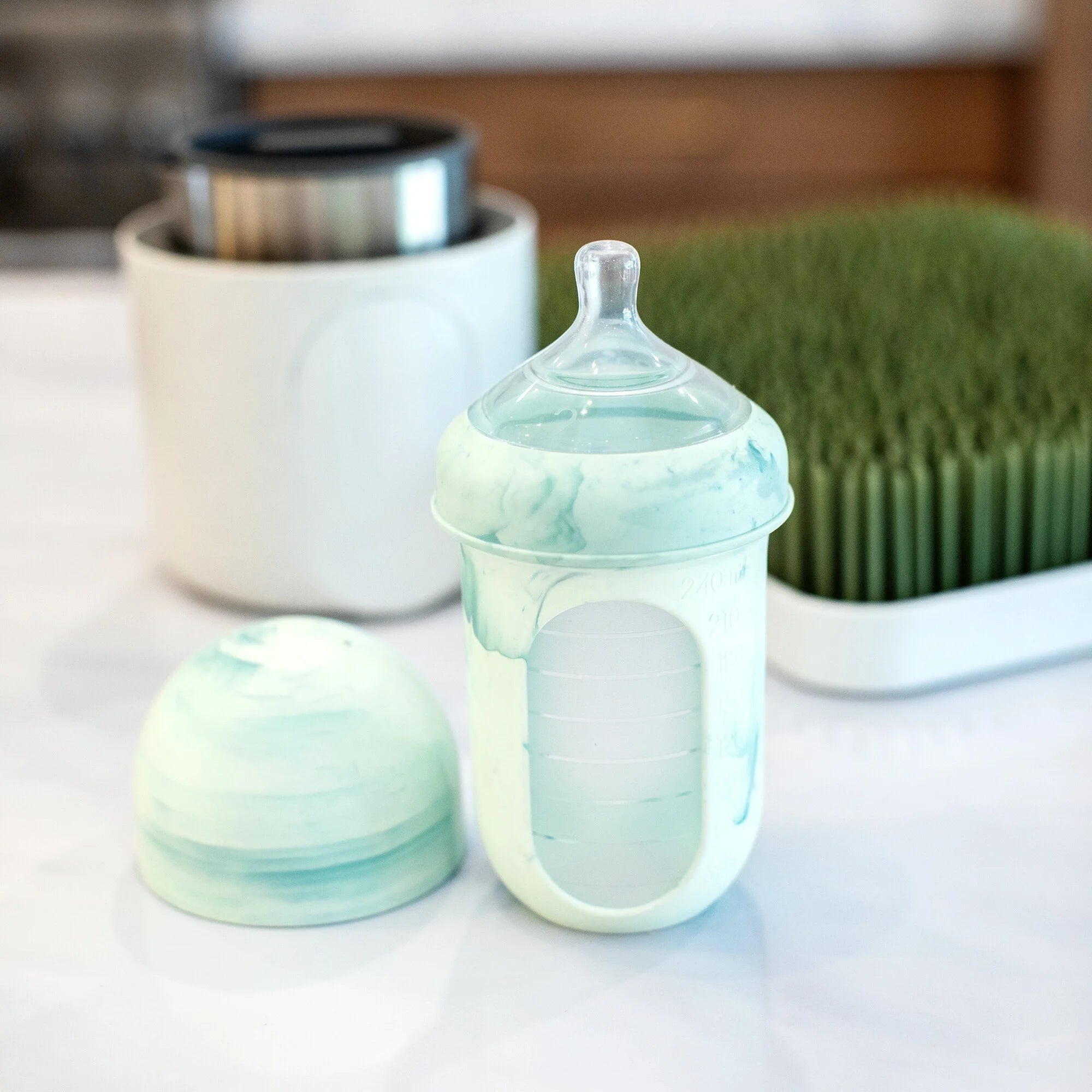 NURSH Reusable Silicone Pouch Baby Bottle – Stage 2 Medium Flow – 8Oz – Mint Tie Dye