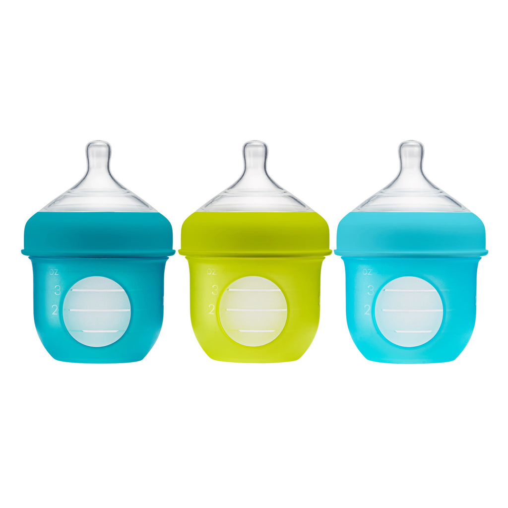 Nursh Reusable Silicone Pouch Baby Bottle, Air-Free Feeding, Blue Multi Pack 4 Oz 3 Pk