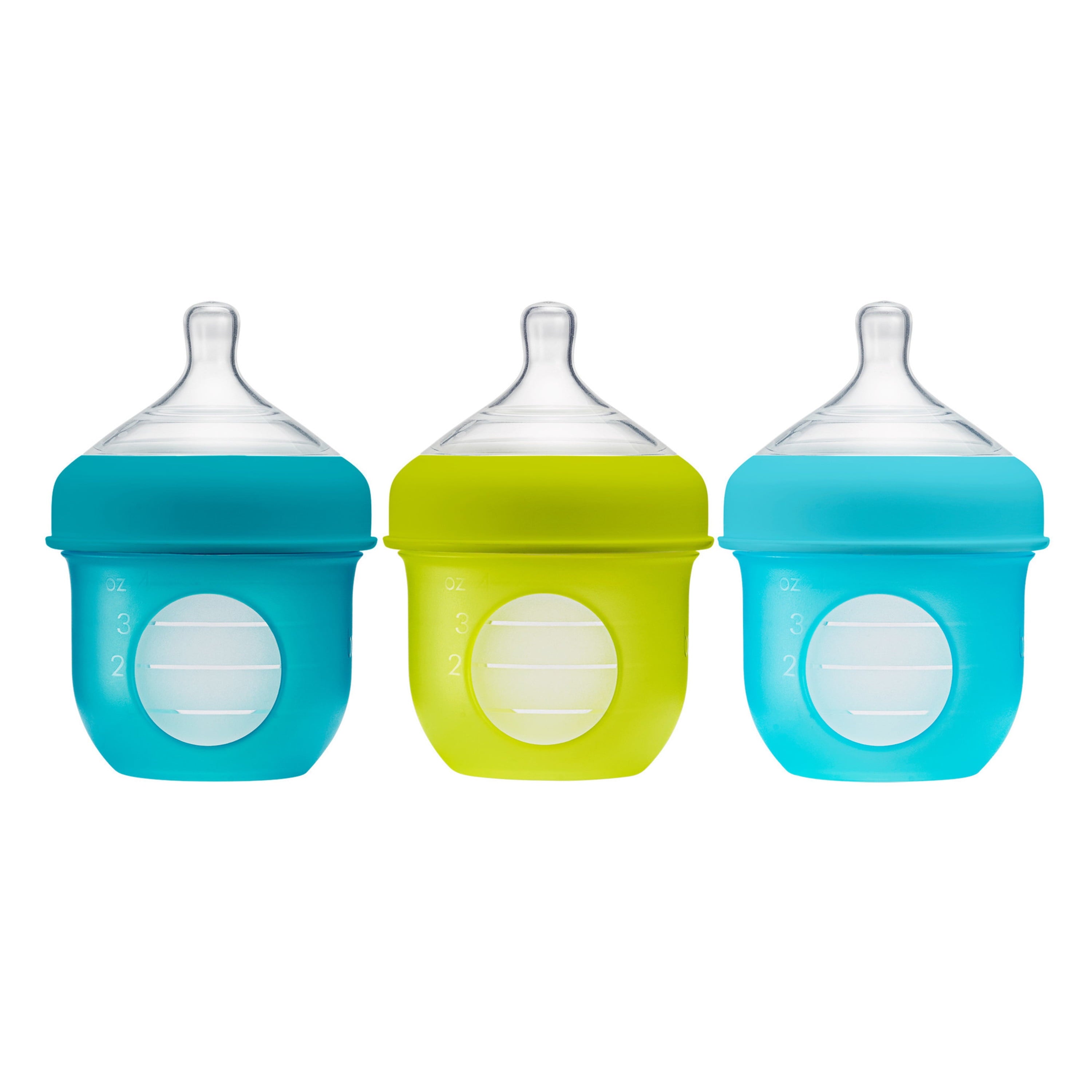 Nursh Reusable Silicone Pouch Baby Bottle, Air-Free Feeding, Blue Multi Pack 4 Oz 3 Pk